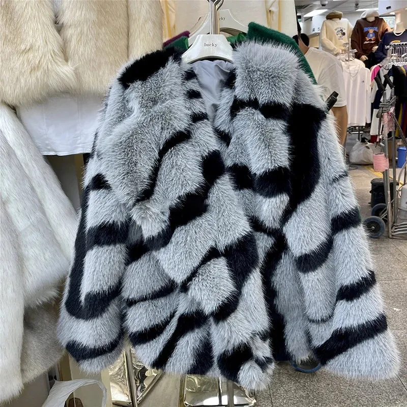 Winter Retro Fur Coat  Zebra Print Mid-Length Cardigan