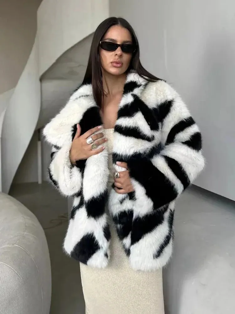 Winter Retro Fur Coat  Zebra Print Mid-Length Cardigan