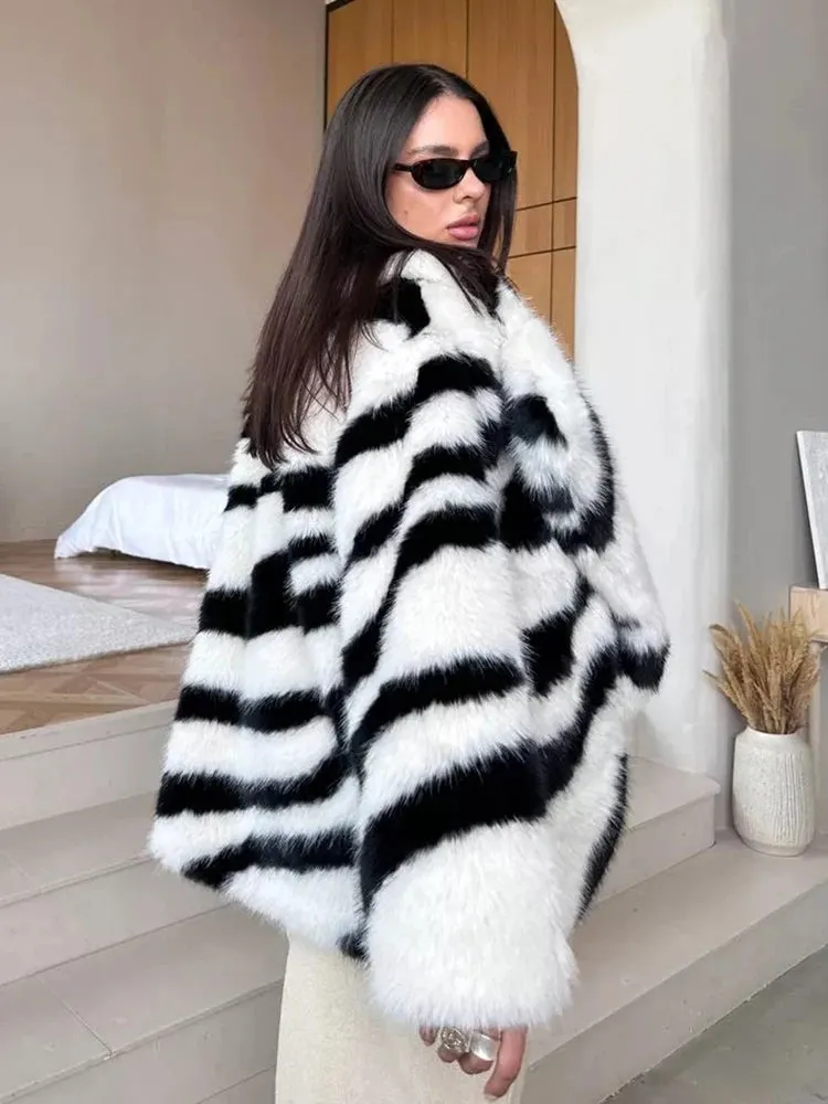 Winter Retro Fur Coat  Zebra Print Mid-Length Cardigan