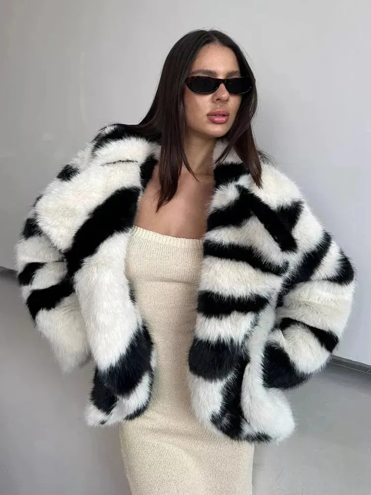 Winter Retro Fur Coat  Zebra Print Mid-Length Cardigan