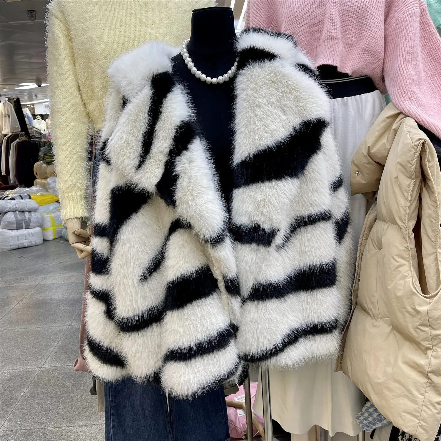 Winter Retro Fur Coat  Zebra Print Mid-Length Cardigan