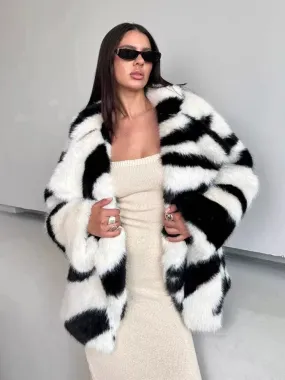 Winter Retro Fur Coat  Zebra Print Mid-Length Cardigan