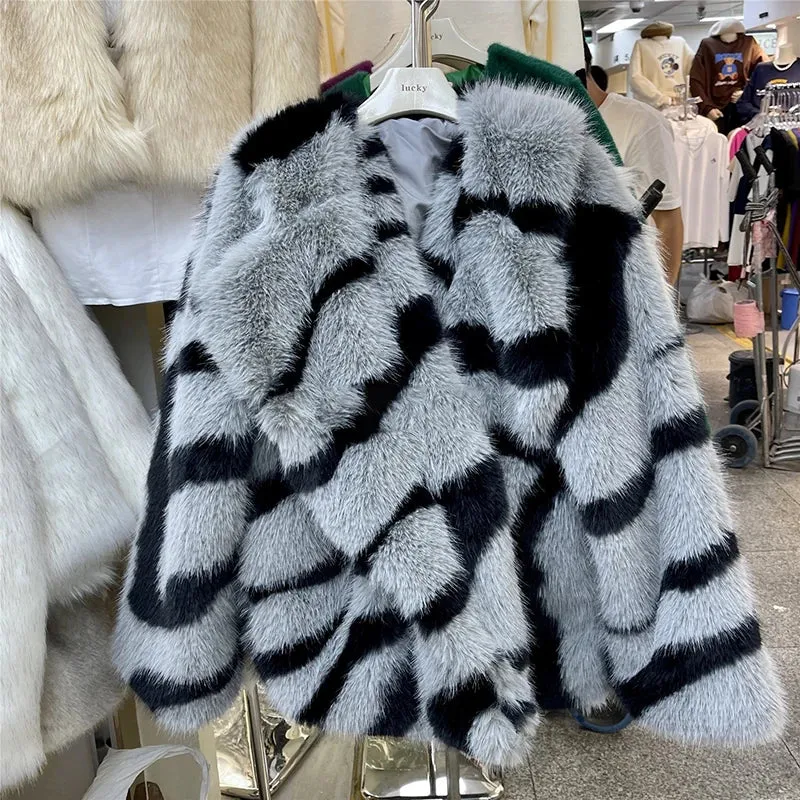 Winter Retro Fur Coat  Zebra Print Mid-Length Cardigan