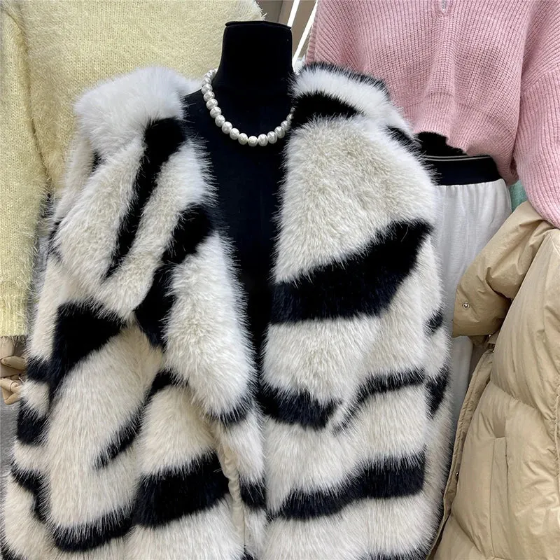 Winter Retro Fur Coat  Zebra Print Mid-Length Cardigan