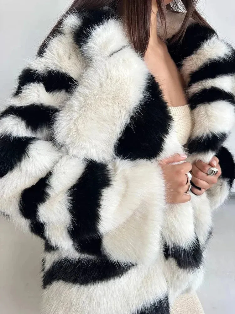 Winter Retro Fur Coat  Zebra Print Mid-Length Cardigan