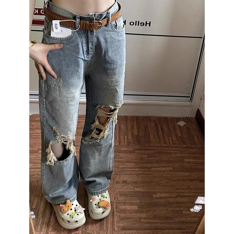 Wjczt cowgirl outfits American Retro Distressed Ripped Jeans Women's Autumn 2024 High Waist Loose Slimming Straight Wide Leg Trousers