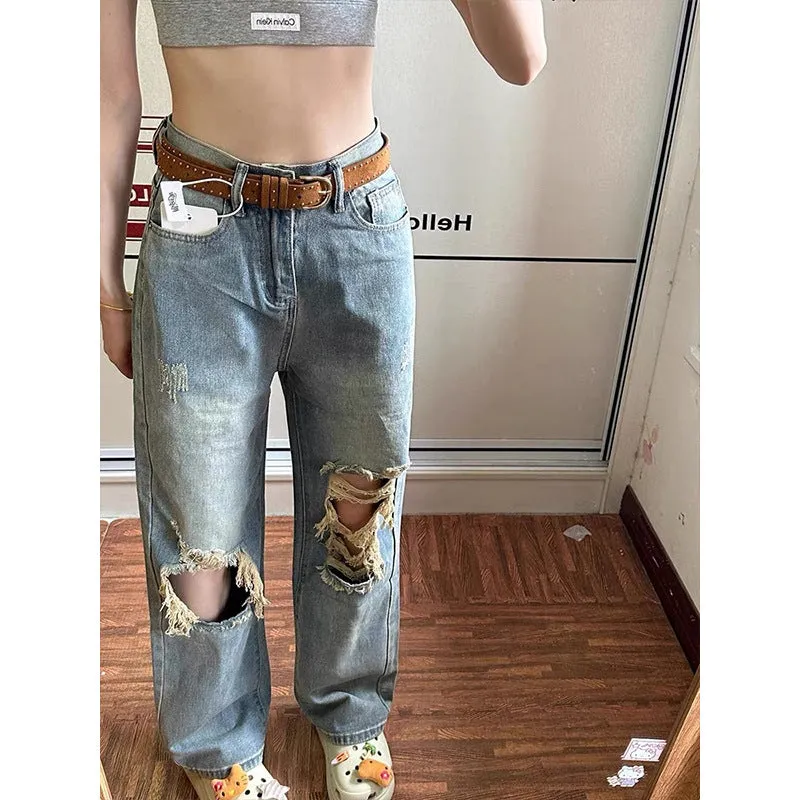 Wjczt cowgirl outfits American Retro Distressed Ripped Jeans Women's Autumn 2024 High Waist Loose Slimming Straight Wide Leg Trousers