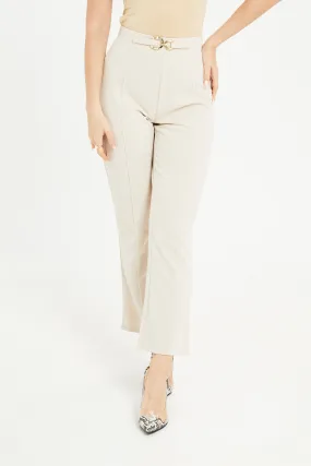 Women Beige Buckle Trousers