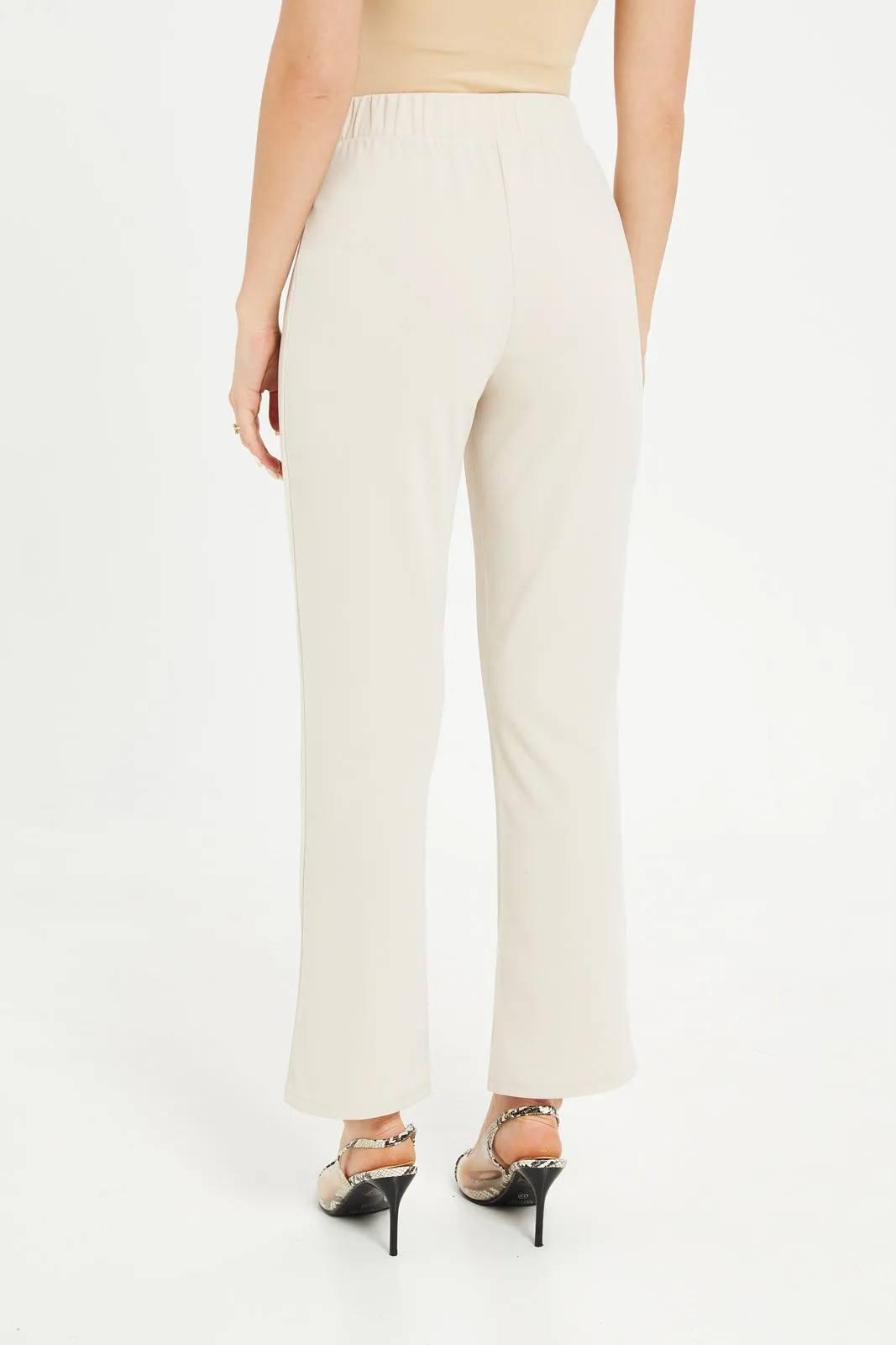 Women Beige Buckle Trousers