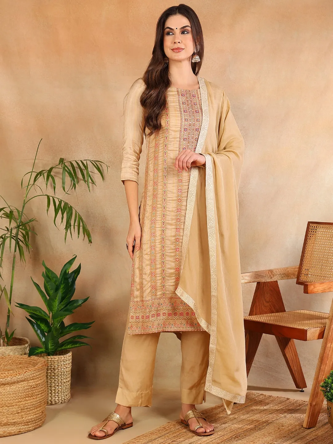 Women Beige Chanderi Striped Woven Design Straight Kurta Trouser With Dupatta