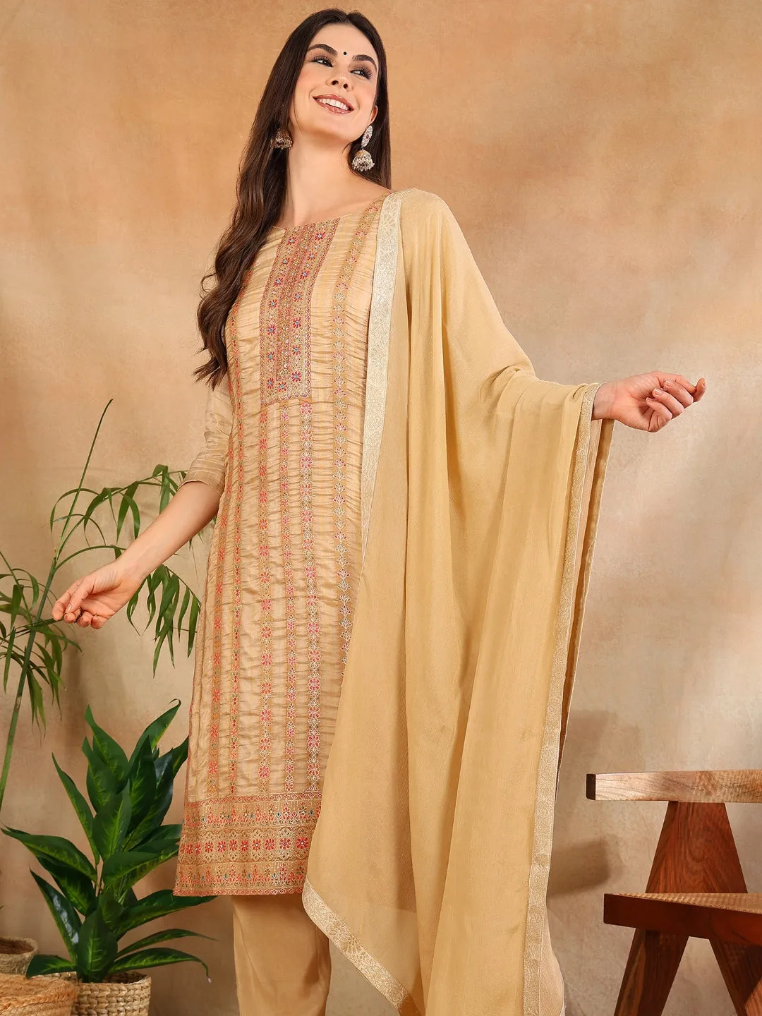 Women Beige Chanderi Striped Woven Design Straight Kurta Trouser With Dupatta