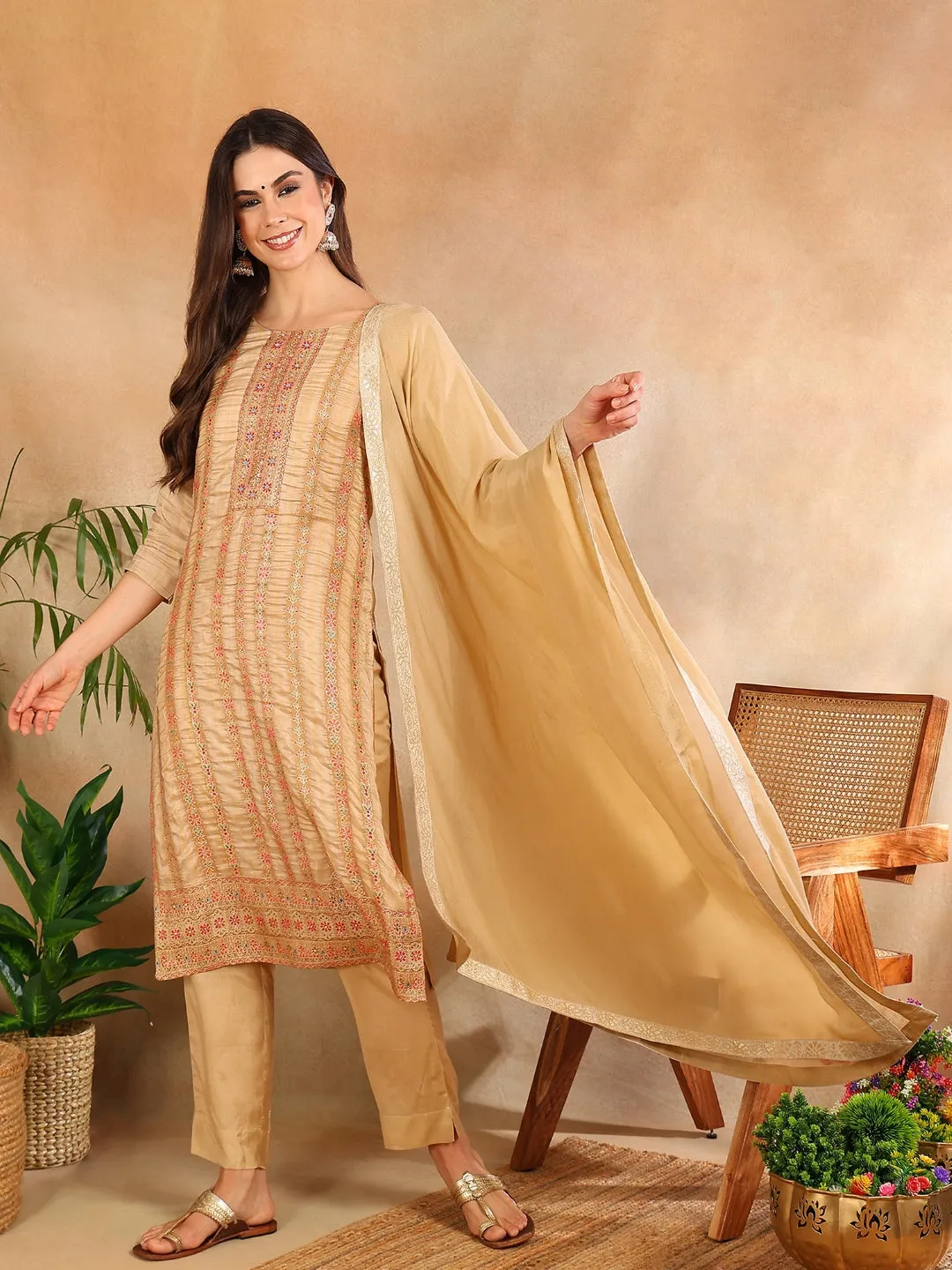 Women Beige Chanderi Striped Woven Design Straight Kurta Trouser With Dupatta