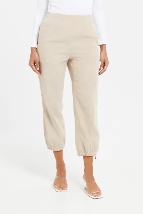 Women Beige Elasticated Waist Corduroy Cropped Trouser