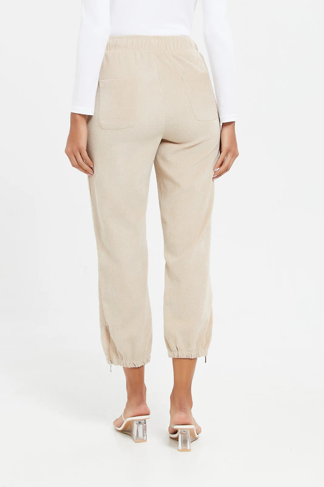 Women Beige Elasticated Waist Corduroy Cropped Trouser