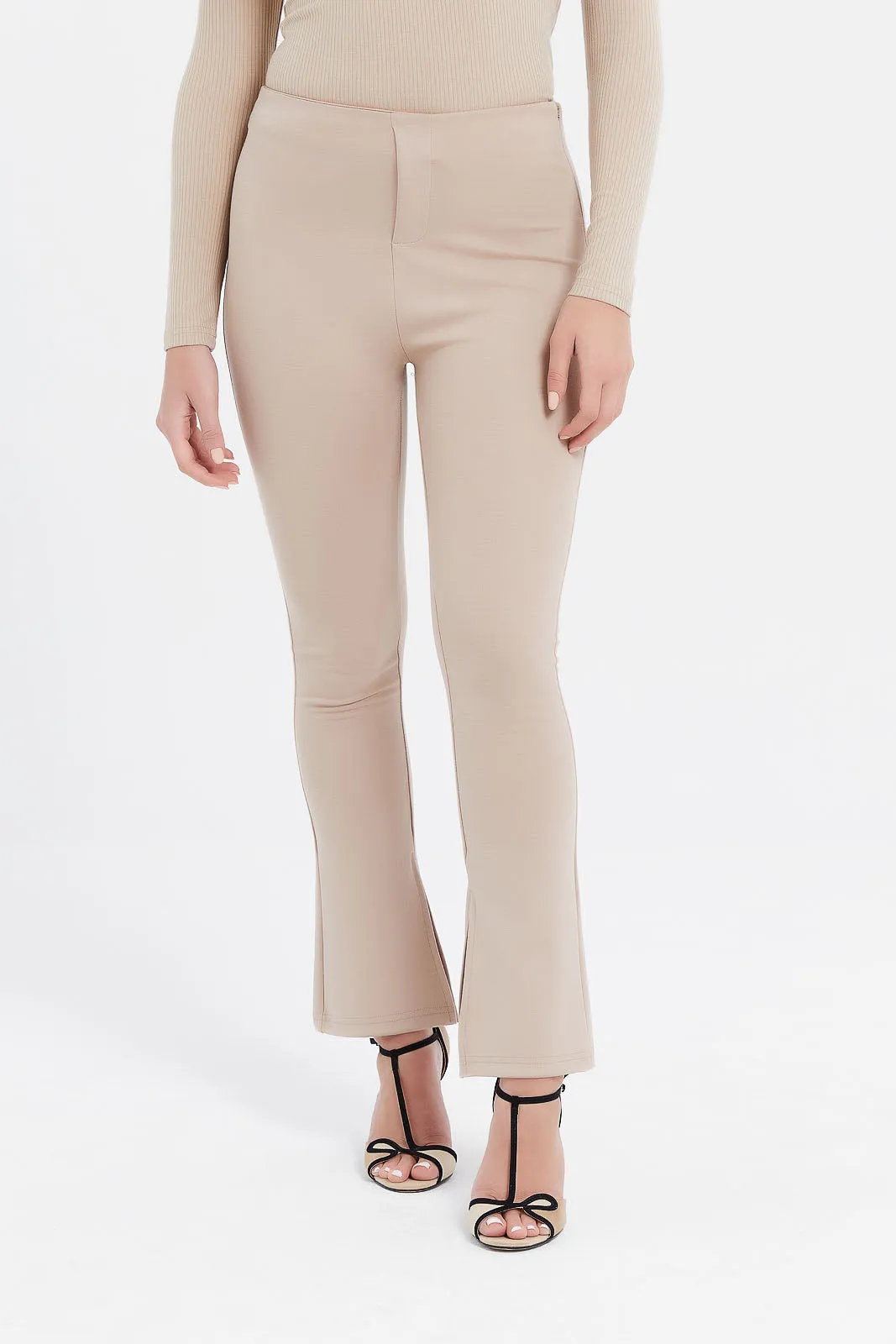 Women Beige Plain Trousers