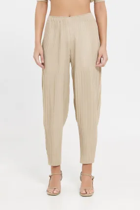 Women Beige Pleated Pant