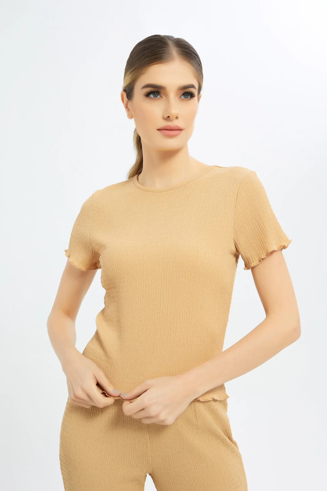 Women Beige Round Neck Top