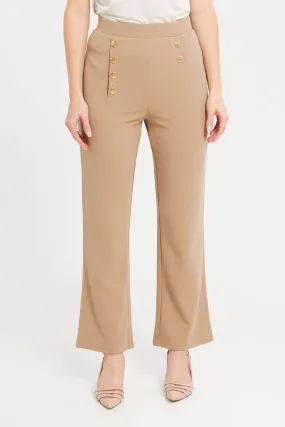 Women Beige Straight Leg Side Button Trouser