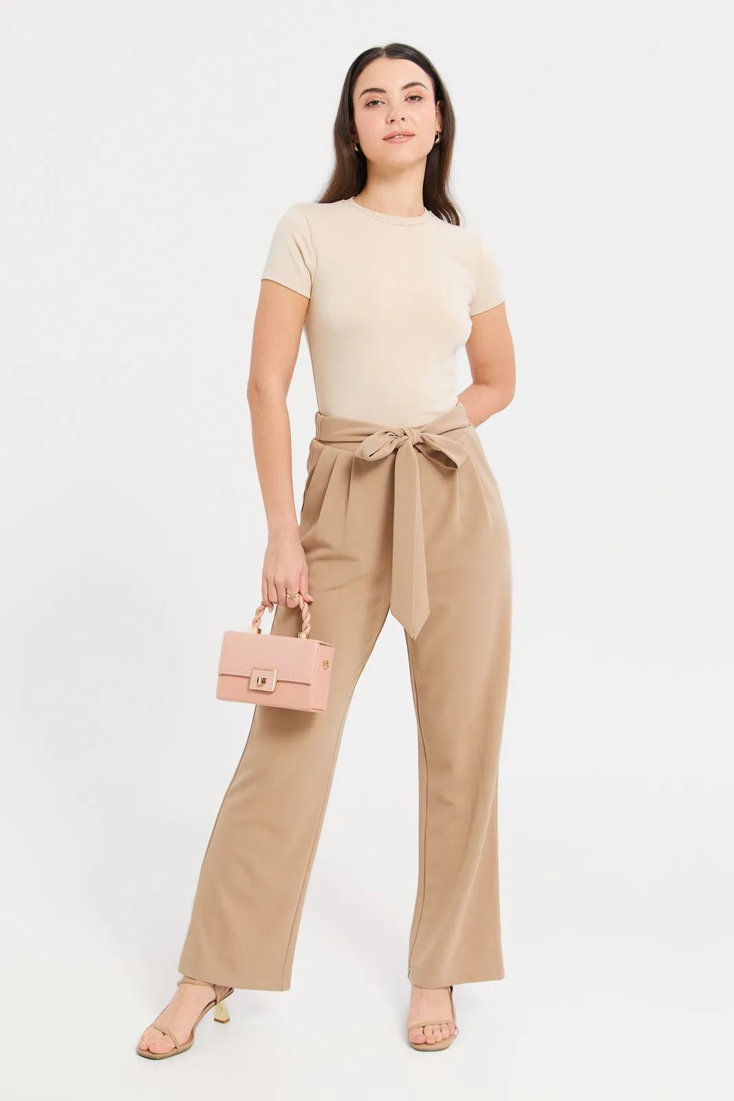 Women Beige Wide Belted Leg Trousers