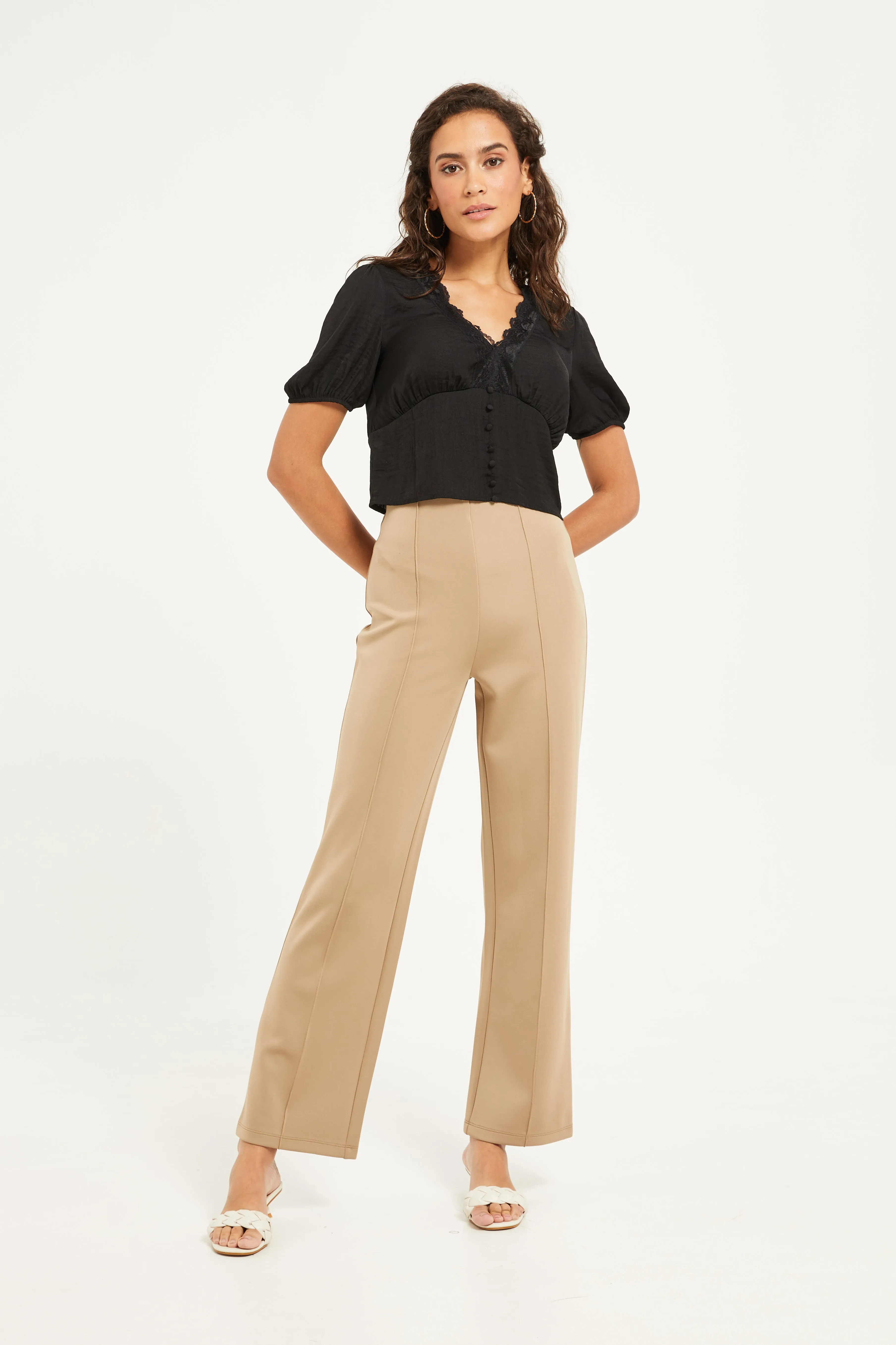 Women Beige Wide Leg Trousers