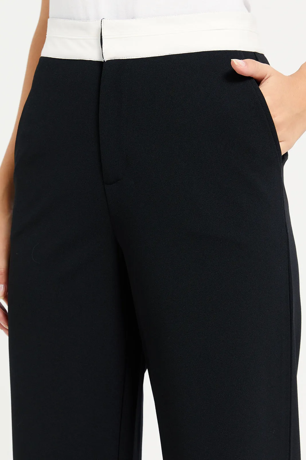 Women Black Contrast Band Trousers