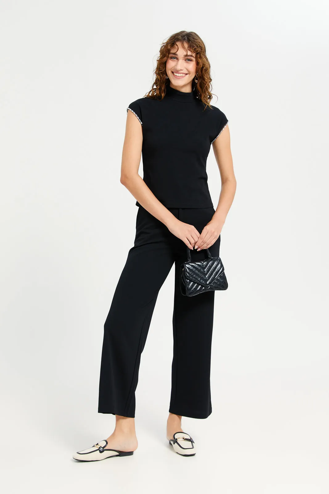 Women Black Contrast Band Trousers