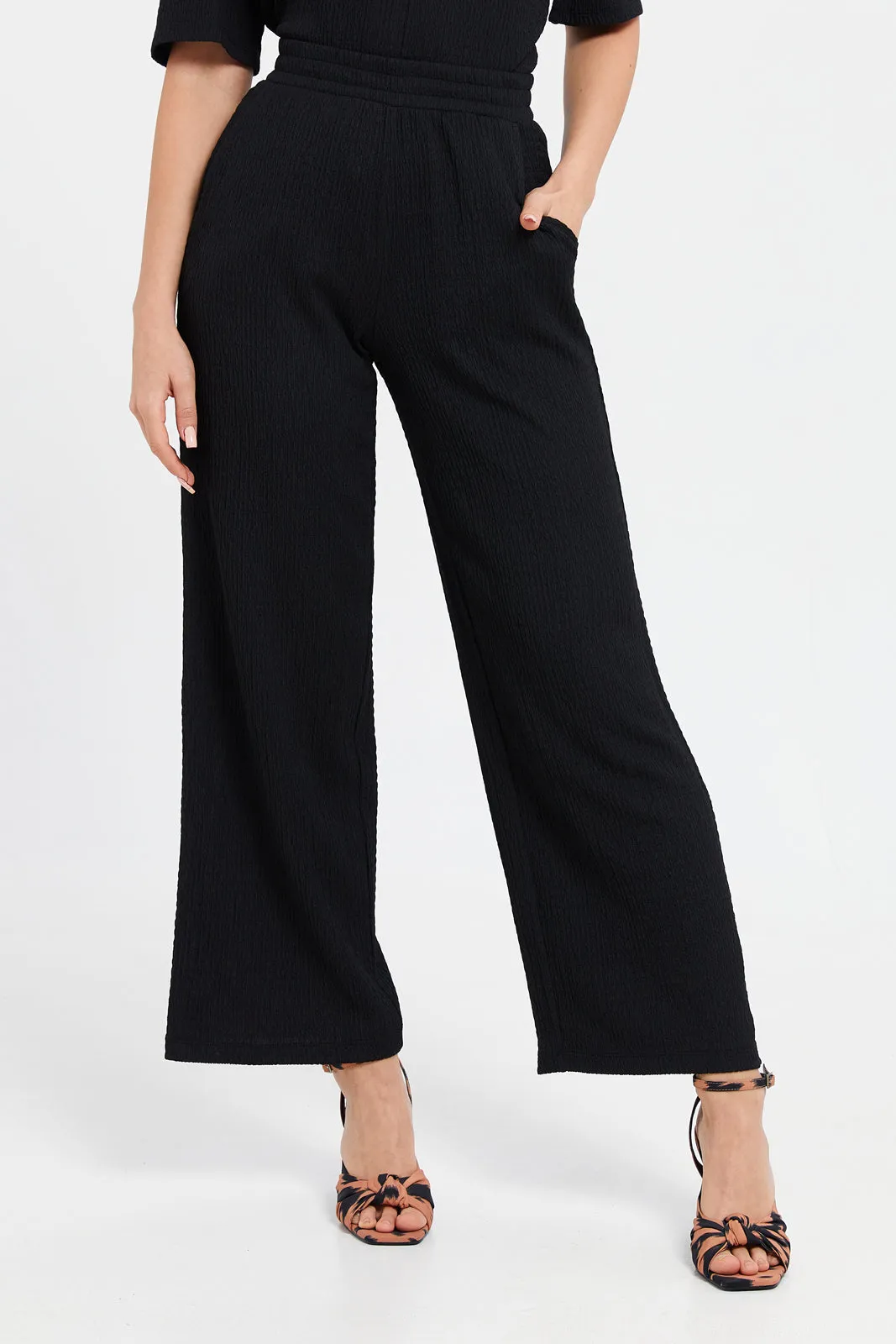 Women Black Textured Pants