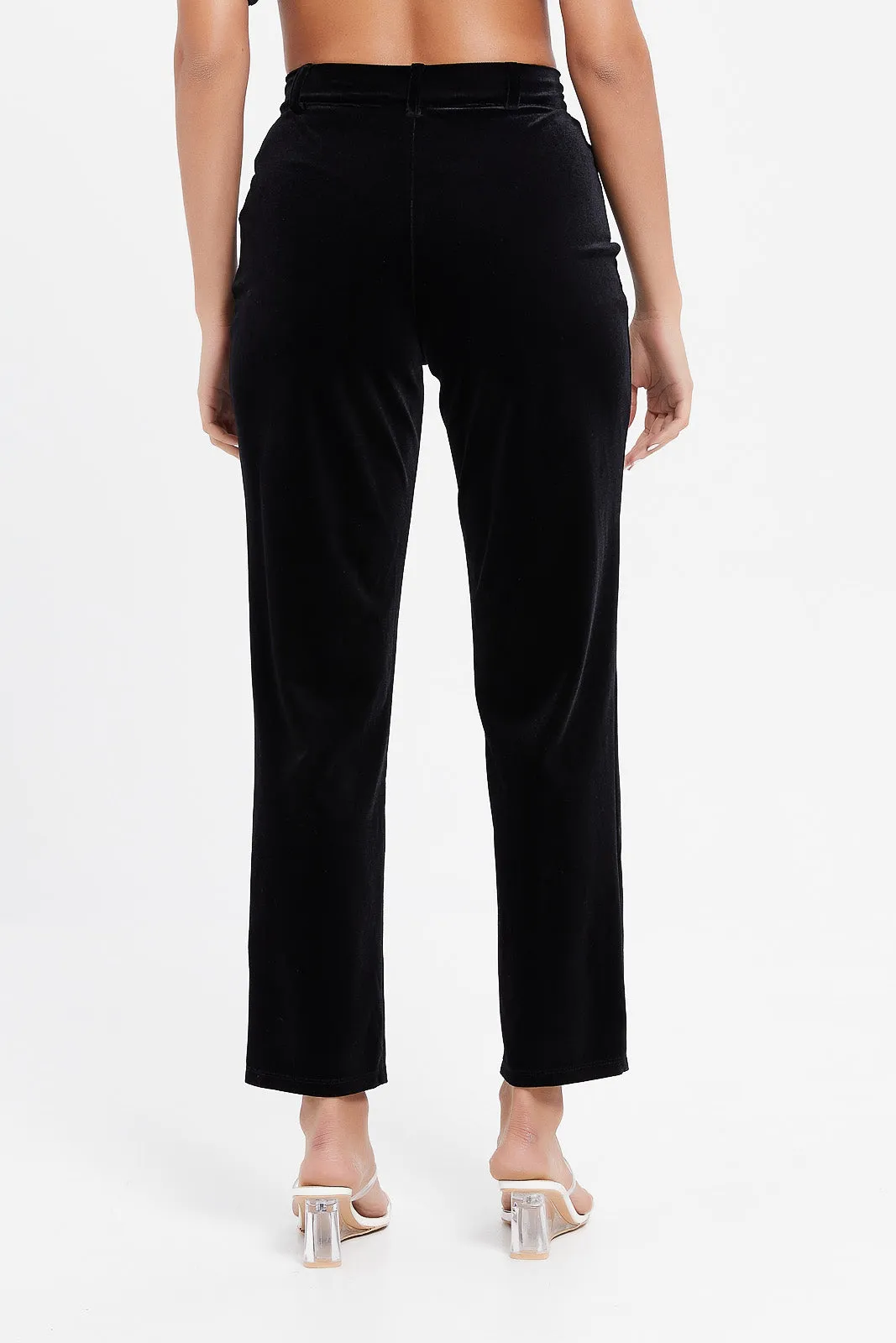 Women Black Velvet Straight Fit Trousers