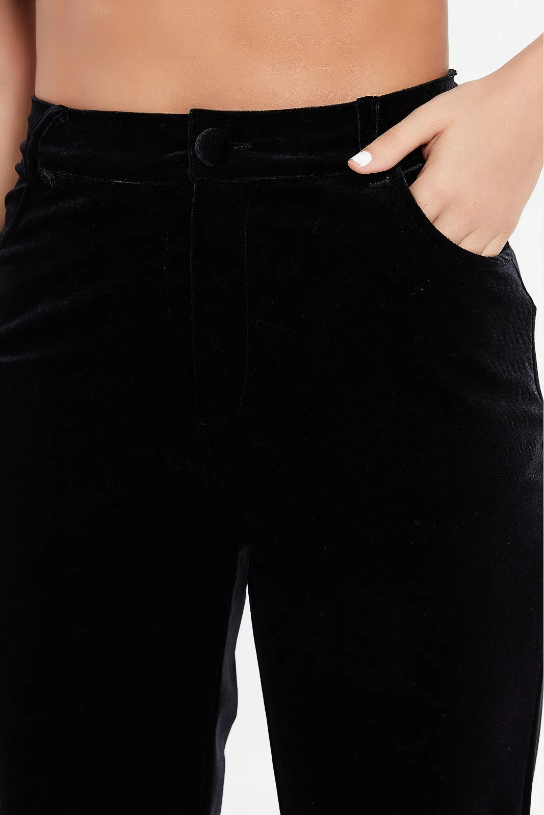 Women Black Velvet Straight Fit Trousers