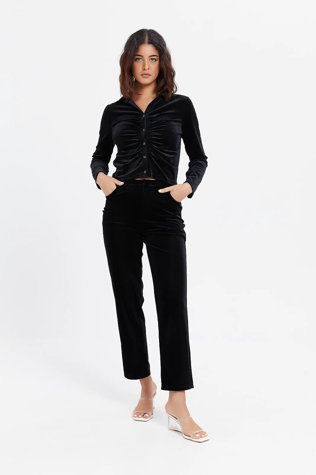 Women Black Velvet Straight Fit Trousers