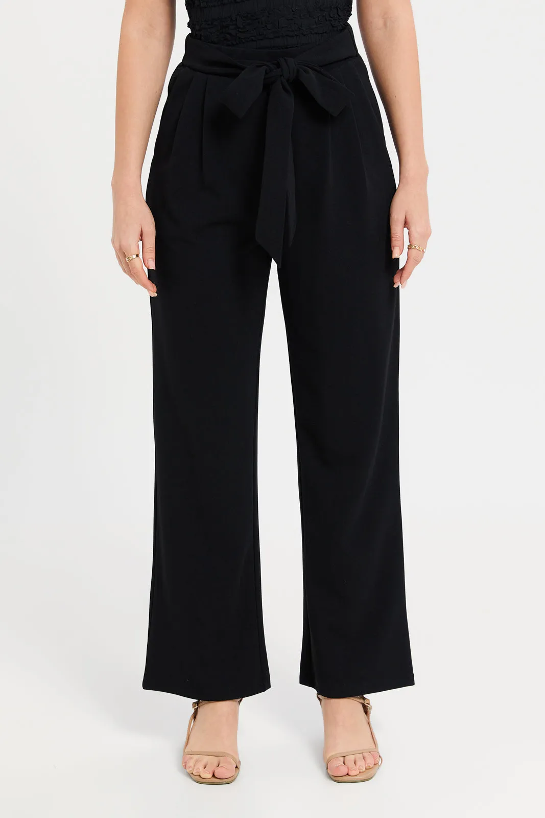 Women Black Wide Belted Leg Trousers