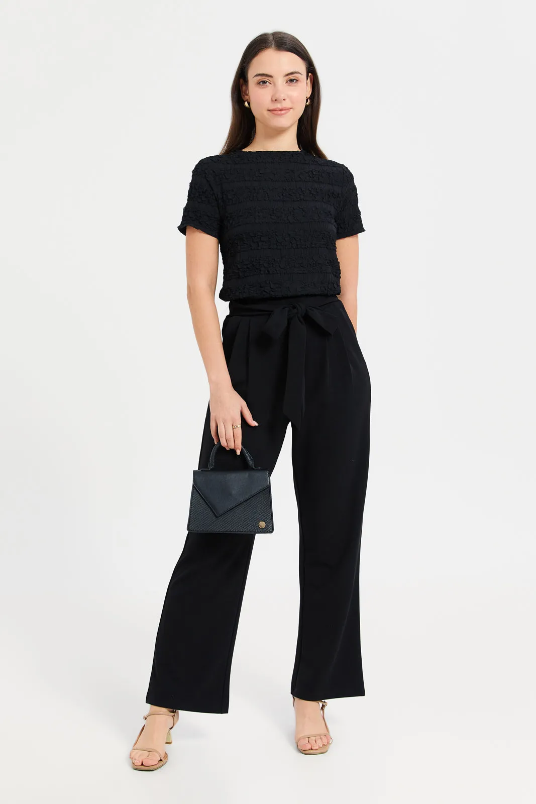 Women Black Wide Belted Leg Trousers