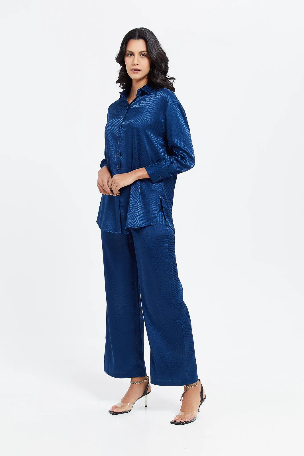 Women Blue Jacquard Oversized Shirt