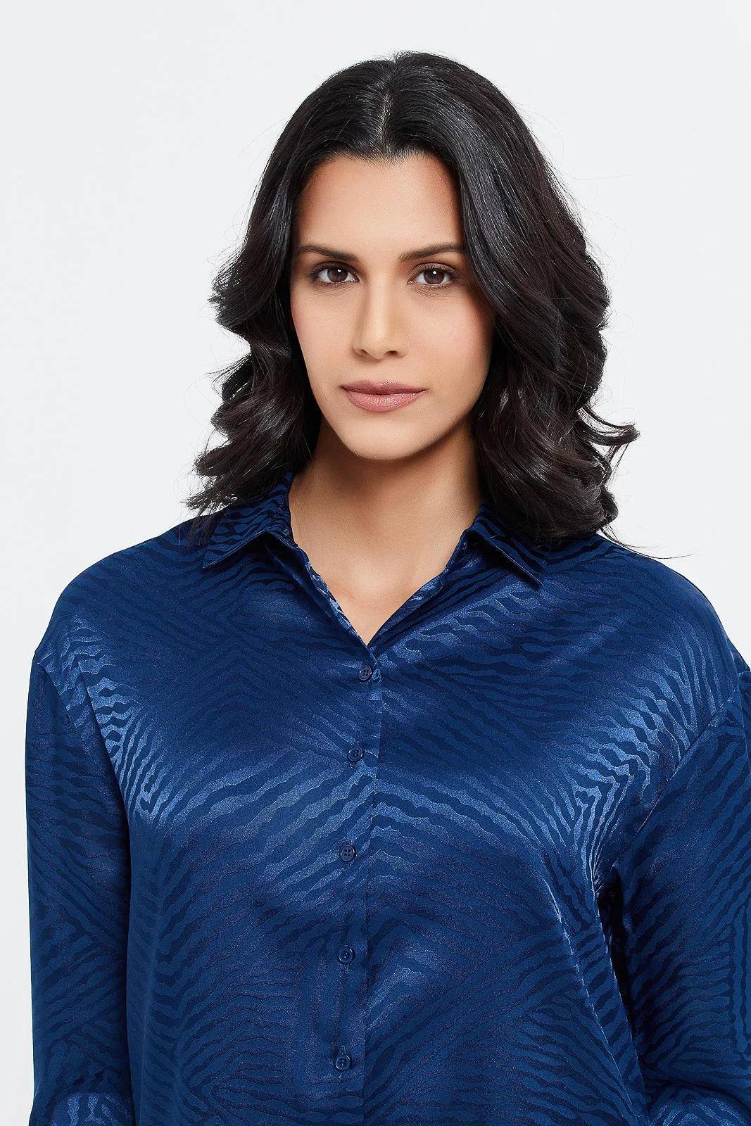 Women Blue Jacquard Oversized Shirt