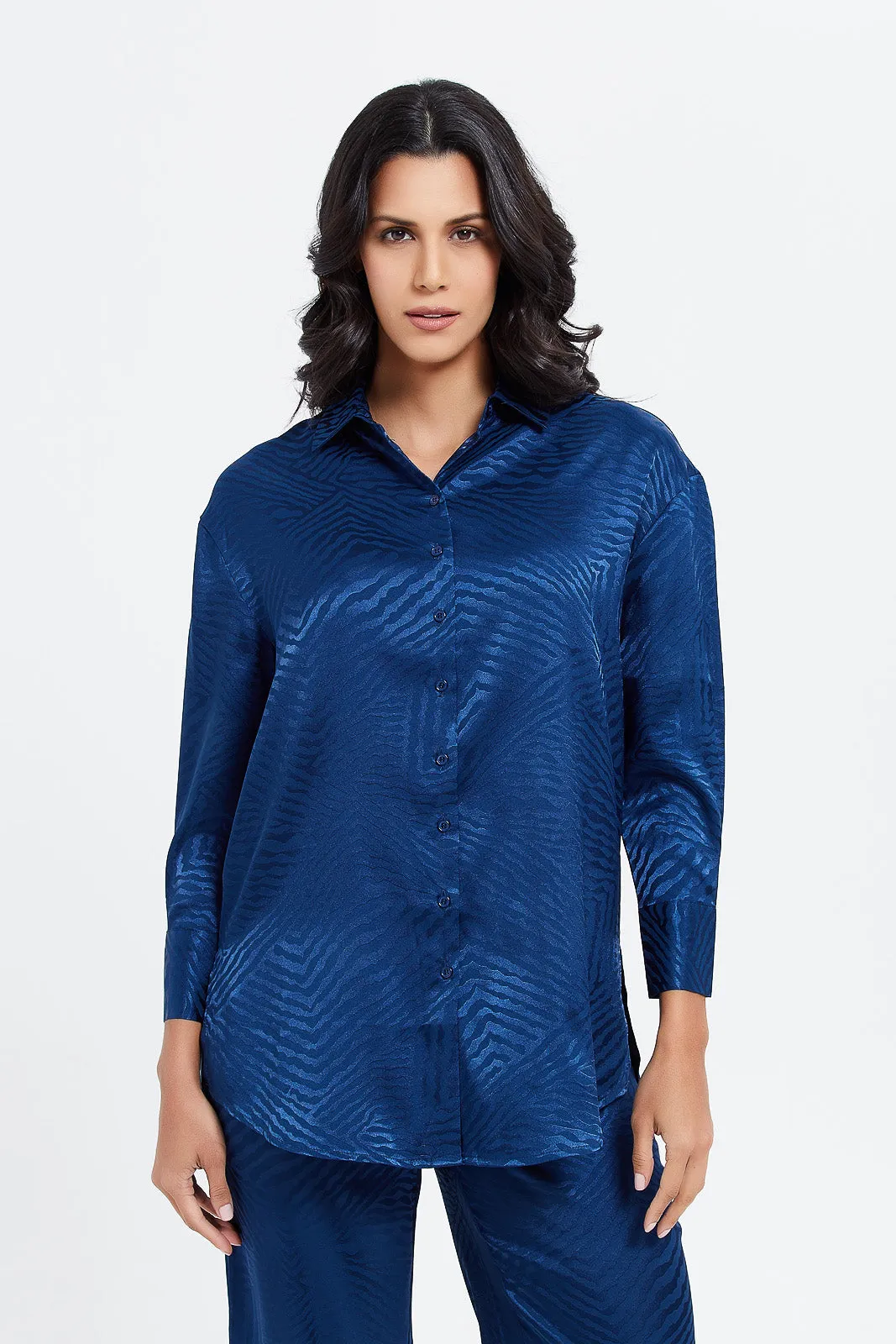 Women Blue Jacquard Oversized Shirt