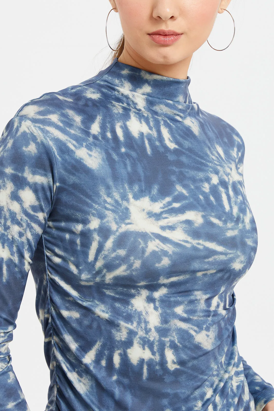 Women Blue Printed Side Ruched Top