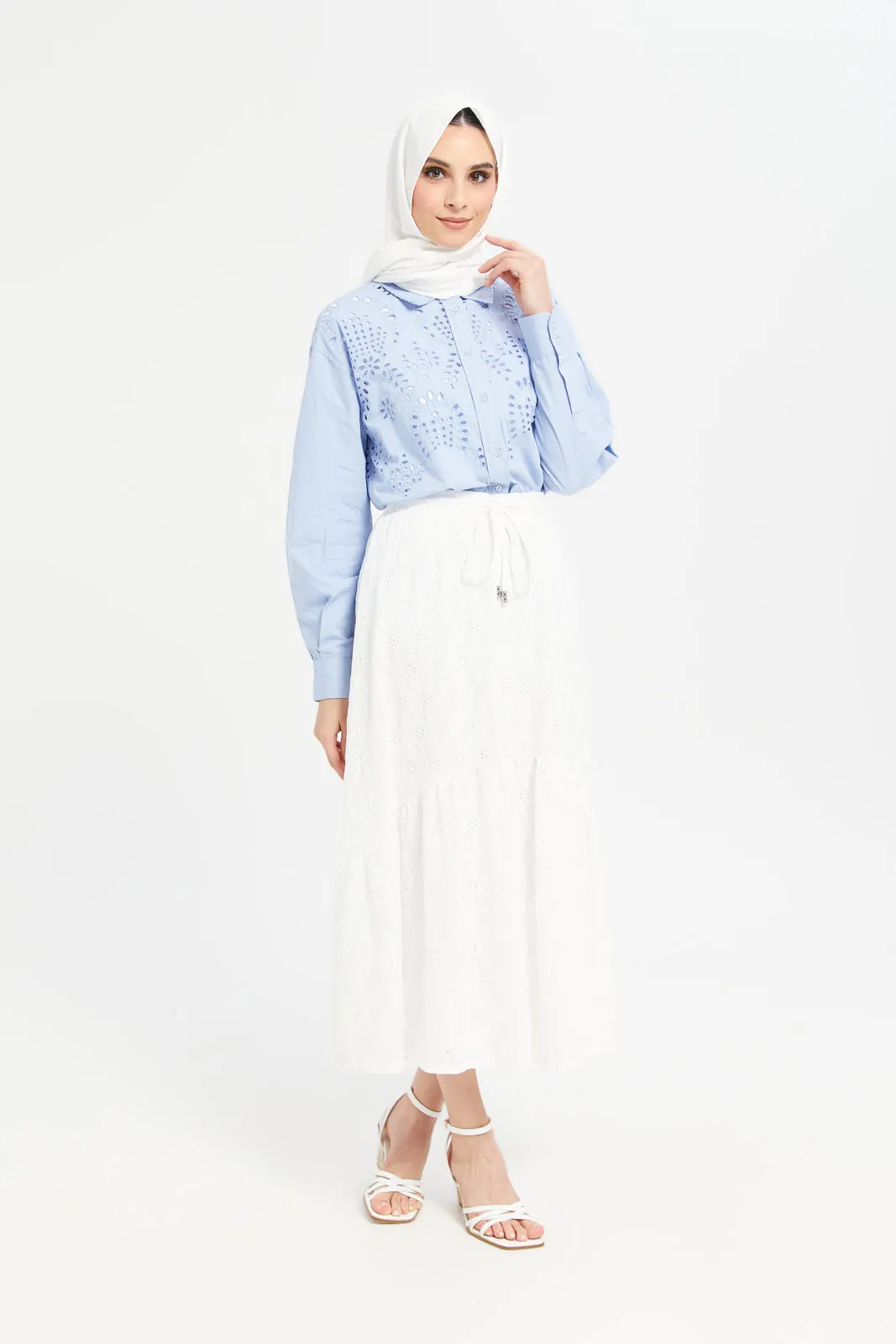 Women Blue Schiffily Embroidered Cotton Shirt