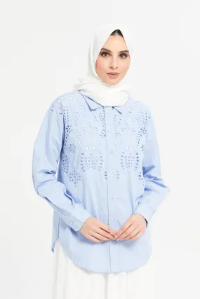 Women Blue Schiffily Embroidered Cotton Shirt