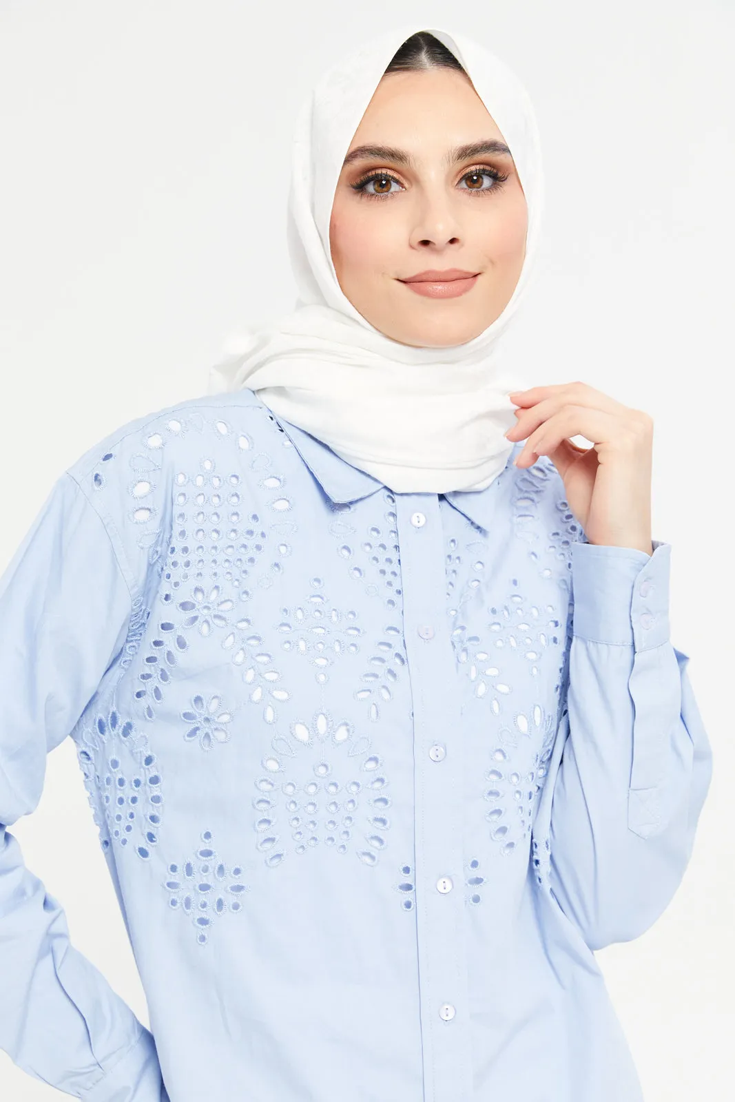 Women Blue Schiffily Embroidered Cotton Shirt