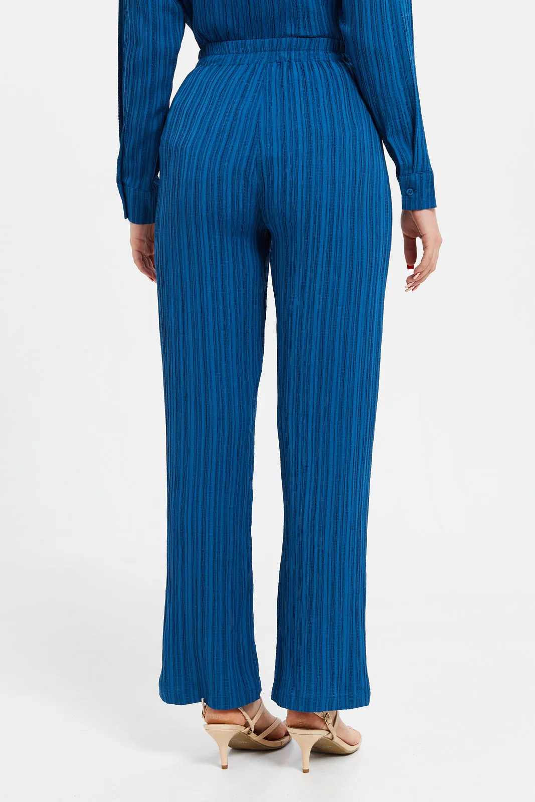 Women Blue Textured Straight Trousers