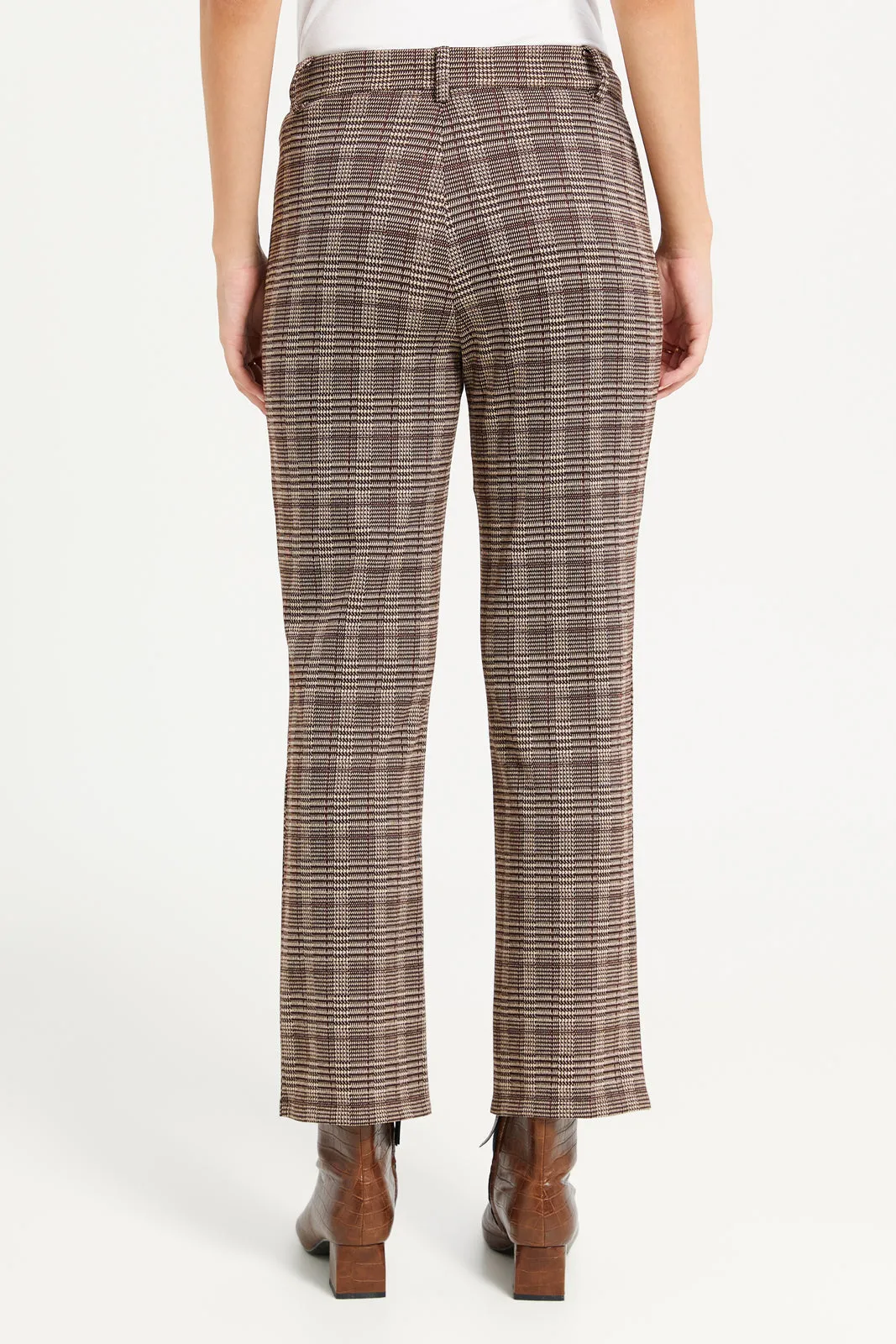 Women Brown Check Straight Fit Trouser