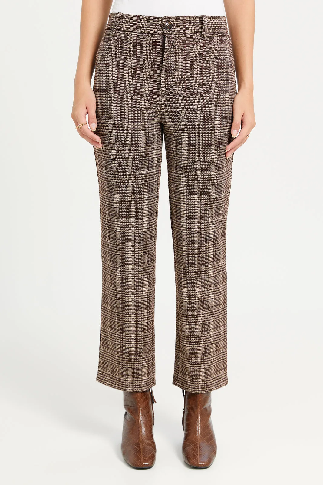 Women Brown Check Straight Fit Trouser