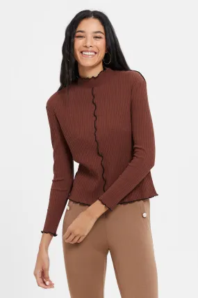 Women Brown Ribbed Top