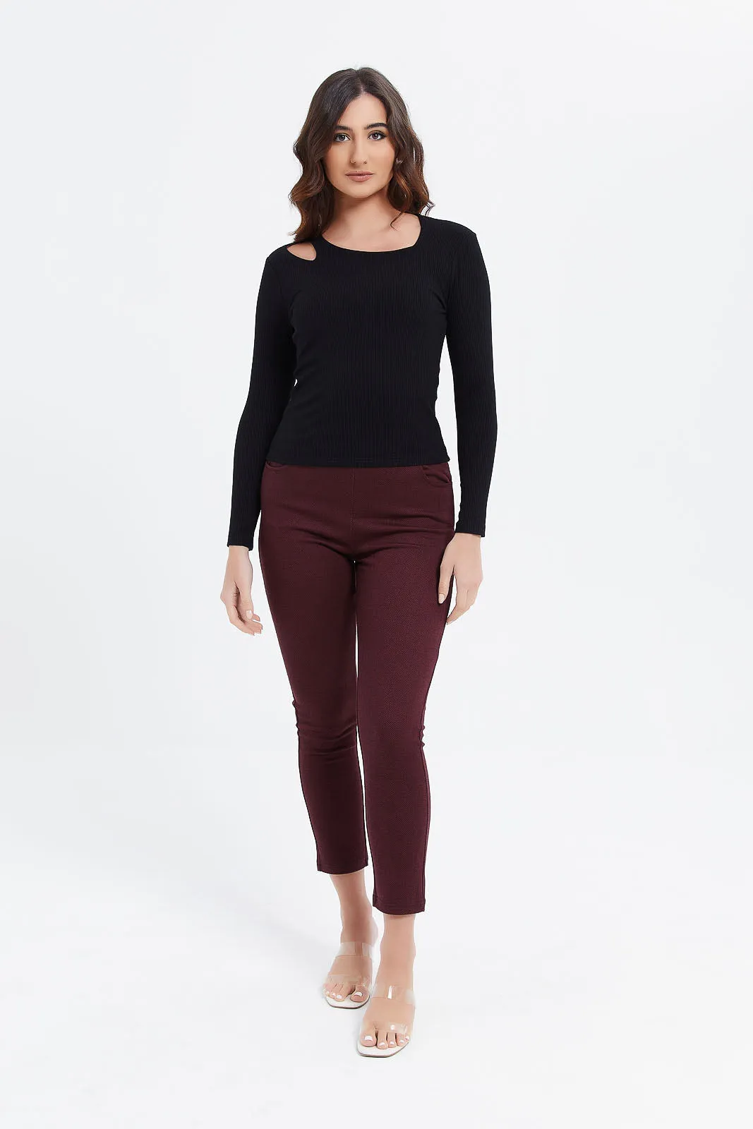 Women Burgundy Plain Trousers