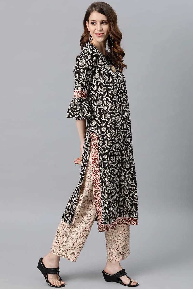 Women Cotton Black Ethnic Motifs Printed Straight Kurta Pant