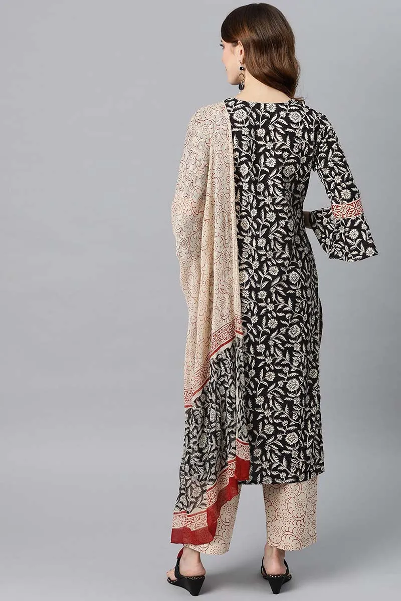 Women Cotton Black Ethnic Motifs Printed Straight Kurta Pant