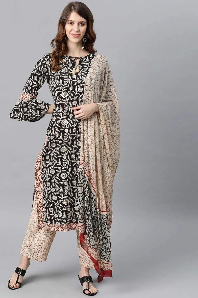 Women Cotton Black Ethnic Motifs Printed Straight Kurta Pant