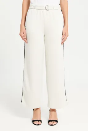 Women Cream Contrast Tape Wide Leg Trouser