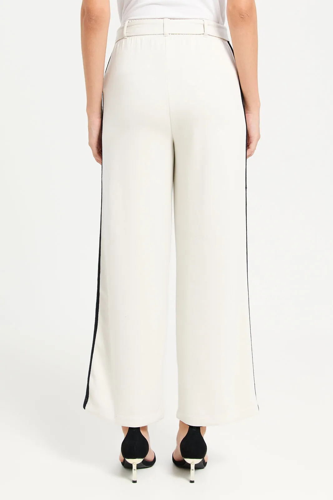 Women Cream Contrast Tape Wide Leg Trouser