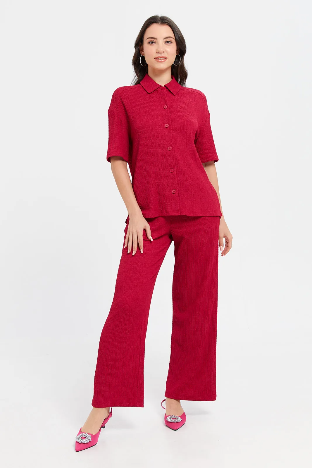 Women Fuchsia Textured Pants